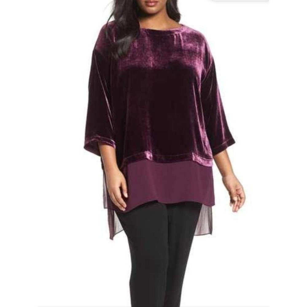 Eileen Fisher Purple Velvet Layered Tunic Top Sheer Silk Hem L Lagenlook Flowy